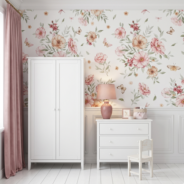 Tapeta ścienna Meadow w stylu boho z kwiatami i motylami.