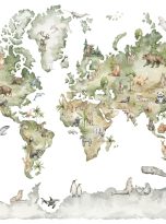 Watercolor,World,Map,With,Animals,And,Natural,Elements.,Geographical,Map.