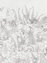 Wildanimals,Sketch,,Wallpaper,Mural,,Grey,Colors,,Botanical,Leaves,,Bunny,,Fox,