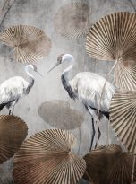 Tropical,Jungle,Pattern,Wallpaper,With,Crane,,Palm,Trees,,Palm,Leaves,