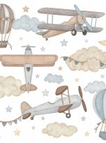 Naklejki-na-sciane-samoloty-balony-gwiazdki-ksiezyc-niebieskie-brazowe