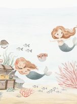 Watercolor,Panoramic,Wallpaper,With,Cute,Mermaids,,Fishes,And,Treasure,Chest.