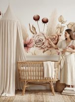 Fototapeta Boho z różami i orchideami w pokoju dziecięcym.