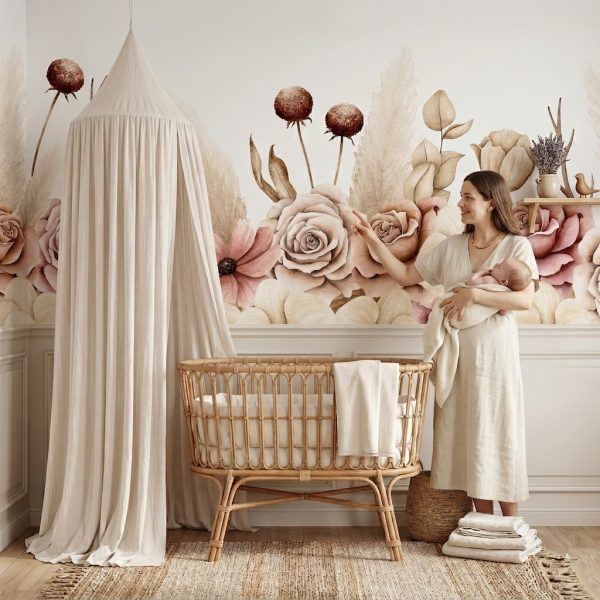 Fototapeta Boho z różami i orchideami w pokoju dziecięcym.